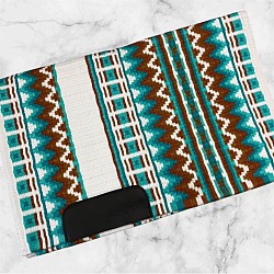 White base with teals and brown accents $195